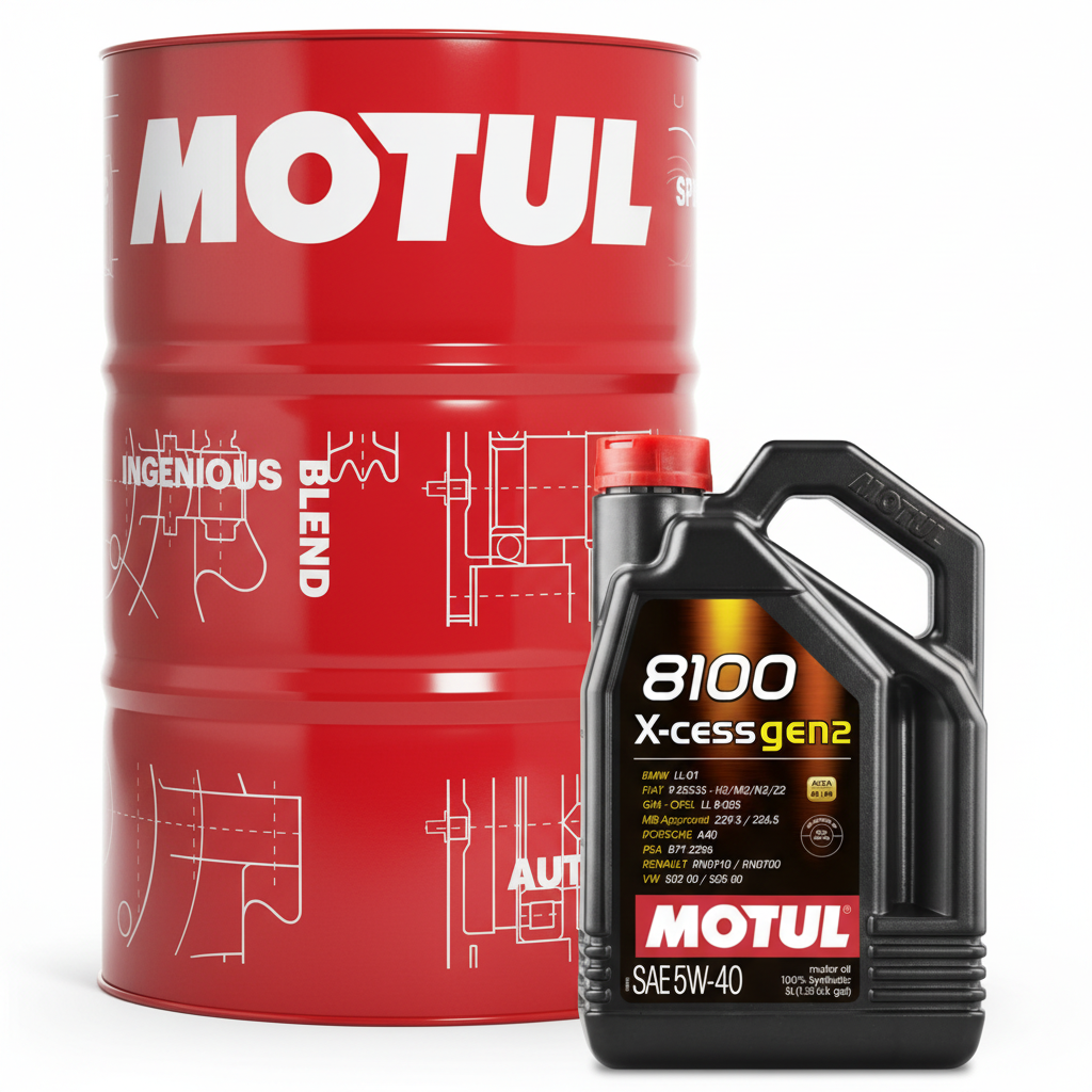Motul 5L Bottle in Front of 208L Drum