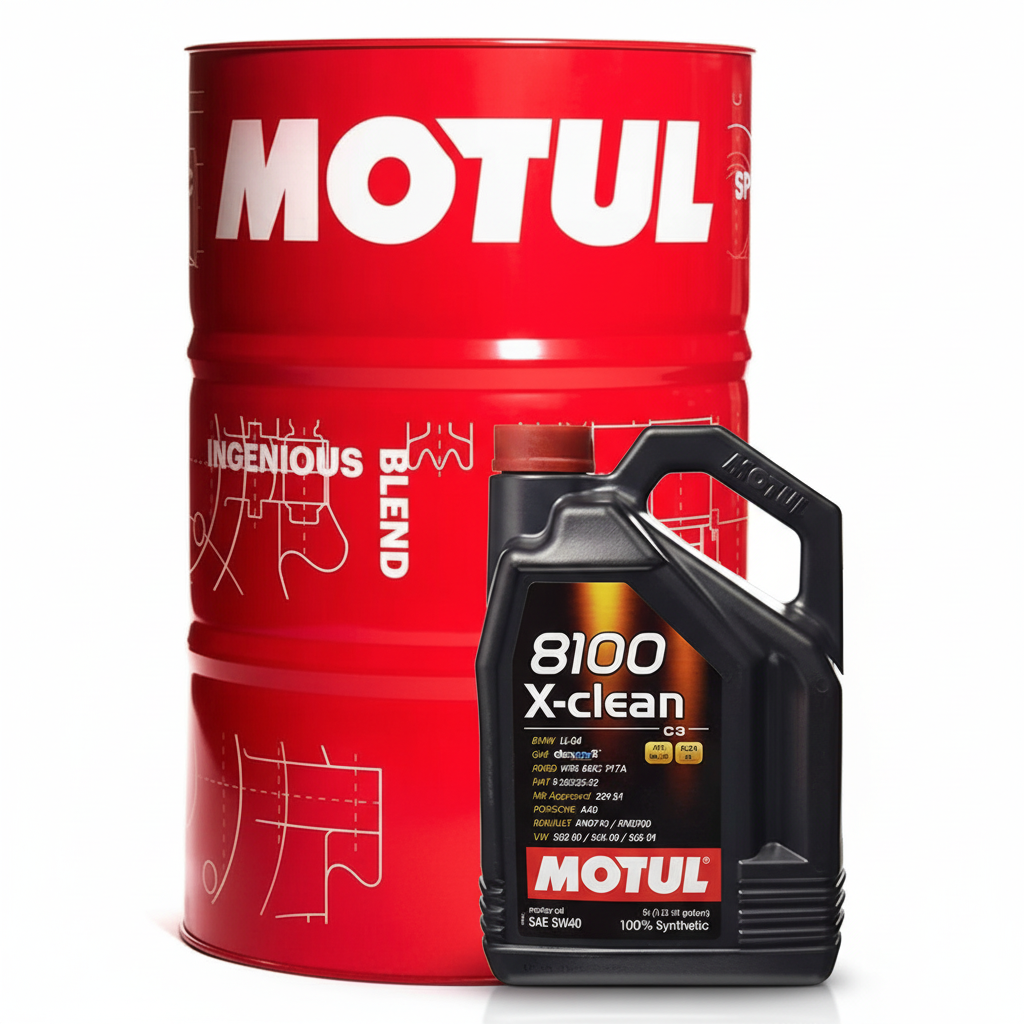 Motul 8100 X-clean 5L in Front of 208L Drum