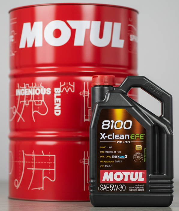 Motul 8100 X-clean EFE composite with drum and bottle